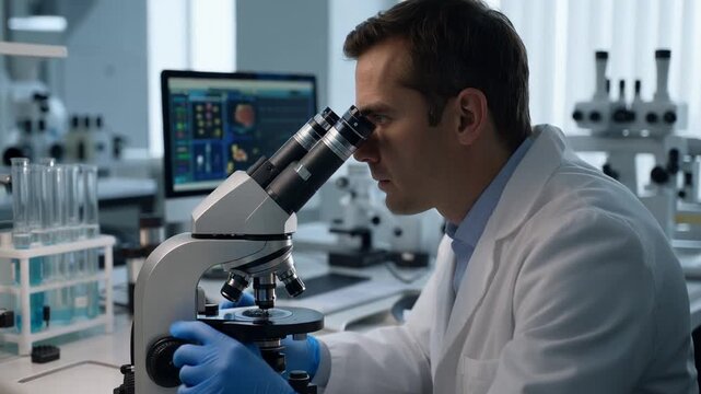 Scientist in lab coat examining sample through microscope, in laboratory setting with computer and test tubes in background, possibly for medical research or education