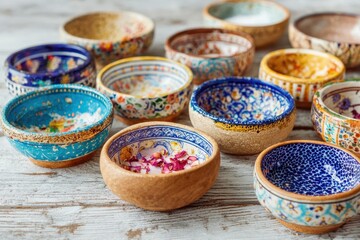 Colorful and Artistic Clay Bowls Displayed on a Rustic Wooden Surface, Perfect for Home Decor, Table Setting, or as Unique Handmade Gifts for Any Occasion