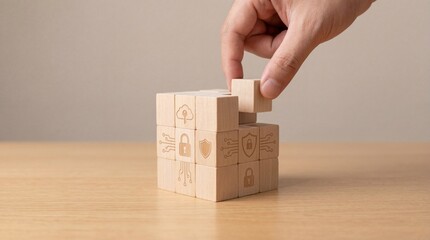 Hand completing wooden block puzzle symbolizing problem-solving and strategy.