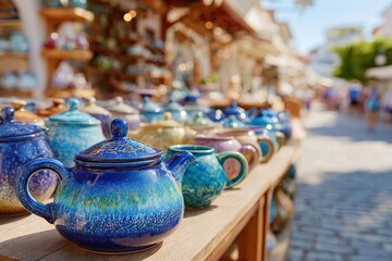 Fototapeta premium Colorful ceramic teapots and craft pottery displayed on wooden table at vibrant marketplace under bright sunlight in a charming artisan village