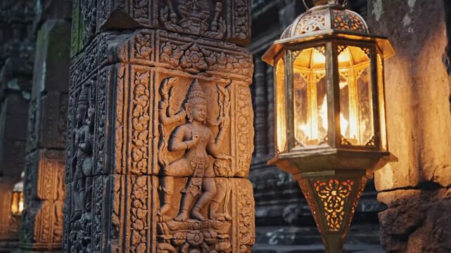 An intricately carved stone statue stands beside a lantern in an ancient temple at dusk