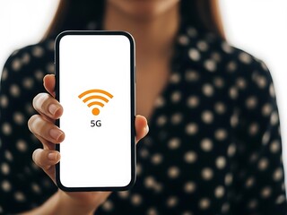 Woman holding a smartphone showing a 5G wireless network signal symbolizing fast mobile internet connectivity and data transfer