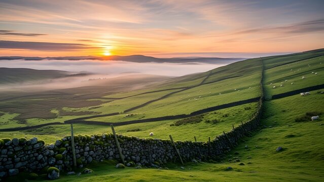 Serene countryside landscape with stone wall at sunrise