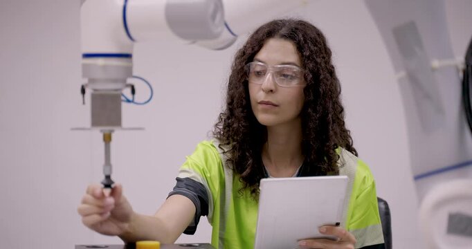 Female technician calibrates suction gripper of collaborative robot arm during smart factory training with tablet in hand for precision assembly and movement adjustment in industrial robotics lab