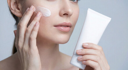 white moisturizer being gently applied to a woman's cheek with her fingertips