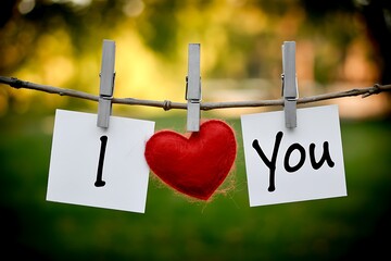 Romantic i love you message cards with heart on string and clothespins in garden