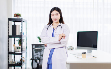 Portrait confident asian professional female doctor wearing white coat stethoscope stand with coffee in modern clinic office hospital modern expert healthcare medical technology services consultation.