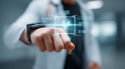 A man is pointing at a smart watch that has a heart on it. The watch has a lot of different icons and the man is touching one of them