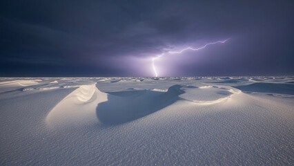 Dramatic lightning storm over snowy landscape, creating ominous atmosphere with dark clouds and vibrant electric light