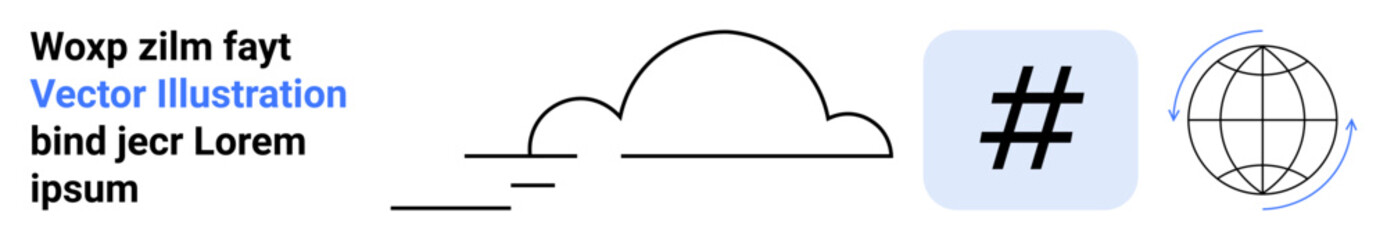 Obraz premium Abstract cloud shape, metadata tag symbol in a square, and globe outline with arrows indicating movement. Ideal for global communication, networking, cloud technology, digital trade, social media