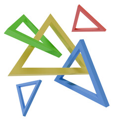 3D render abstract background featuring colorful interlocking triangles in green, yellow, and blue. Modern geometric composition with sharp edges and realistic lighting