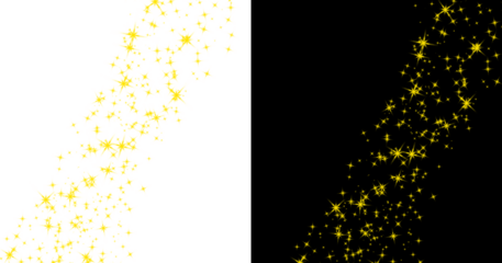 Glittering stars golden particle flow on transparent and black backgrounds, shimmering light with bokeh effect