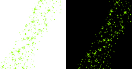 Glittering stars green particle flow on transparent and black backgrounds, shimmering light with bokeh effect