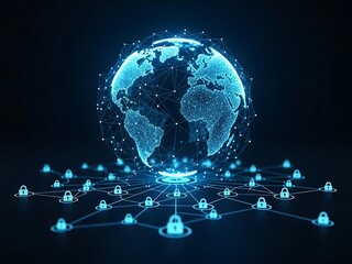 Digital representation of global connectivity with a glowing sphere of the Earth surrounded by a network of linked security locks and data pathways