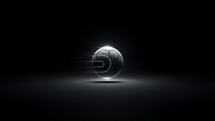 A sleek metallic sphere stands prominently illuminated on a reflective surface against a dark gradient background from a slightly elevated viewpoint.