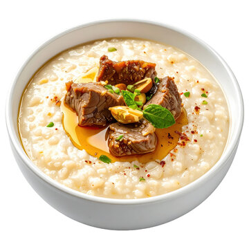 Hearty asida wheat porridge with a generous drizzle of honey, a simple and nutritious meal, beautifully isolated on white background for a rustic look