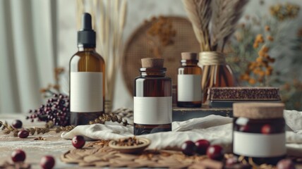 Holistic Winter Skincare Collection with Dropper Bottles Berries and Dried Botanicals for Natural Wellness