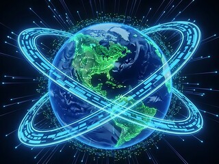 Conceptual representation of global digital communication network with digital lines and surrounding rings orbiting the terrestrial globe space