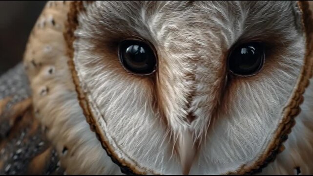 Close-up portrait of a barn owl's face with large, round eyes and soft, feathery plumage in shades of brown and white against a dark background.