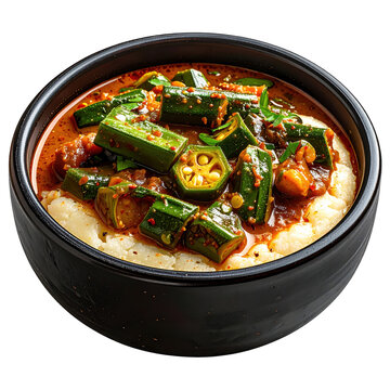 Banku with okra stew, a classic west african dish from ghana, perfectly isolated on a white background for use in food blogs and culinary publications