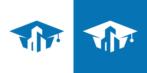 Dual meaning logo combining a graduation cap and building, symbolizing education, knowledge foundation, growth, and strong institutional or academic development.
