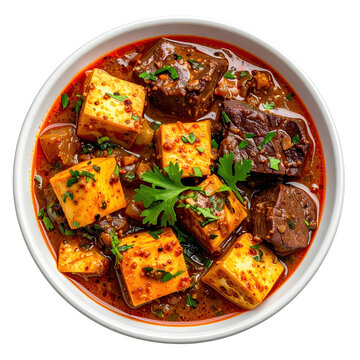 A close-up view of dulet, highlighting the textured mix of finely chopped innards and spices, isolated on a white background