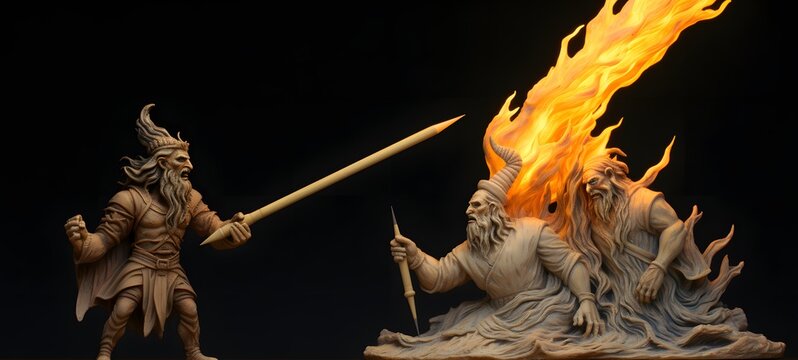 Hades Vs Zeus shaped matchstick carving,generative AI