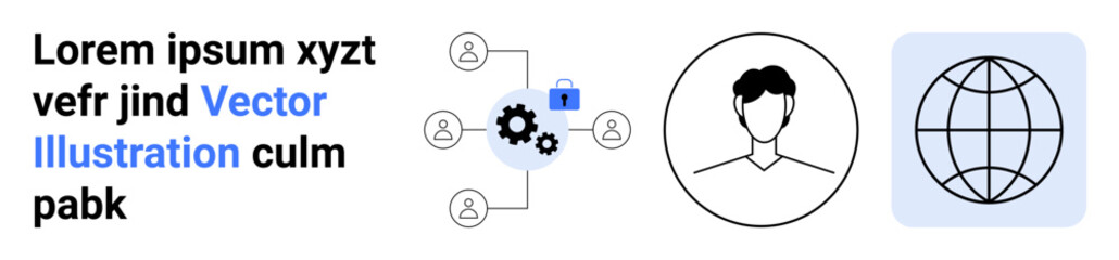 Obraz premium Digital identity, global networking, cybersecurity protocols, profile management, connectivity, team collaboration. Graphic features a user avatar, globe, network icons and security concepts