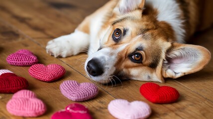 Corgi dog lying on wooden floor with colorful heart shapes valentine's day concept