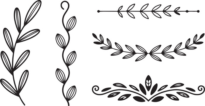 Hand drawn decorative leafy branches borders and floral laurels for elegant wedding invitation or vintage frame