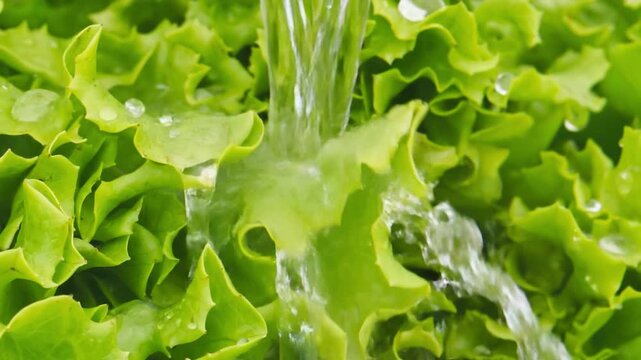 Fresh green lettuce being rinsed under clean running water, highlighting crisp leaves, natural texture, and a sense of freshness, cleanliness, healthy food video.