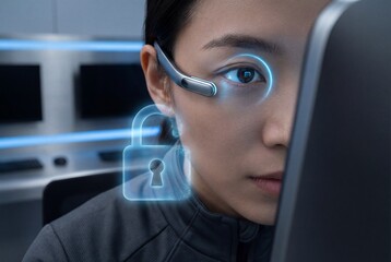 Asian woman undergoing biometric iris scan with glowing digital security lock icon for access control