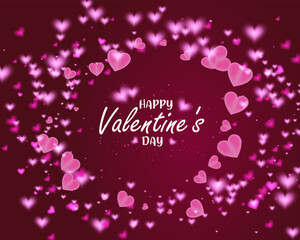 Romantic, deep red background with soft, glowing pink hearts and sparkles, &ldquo;Happy Valentine&rsquo;s Day&rdquo; text, creating a warm, dreamy greeting card style for love and celebration.