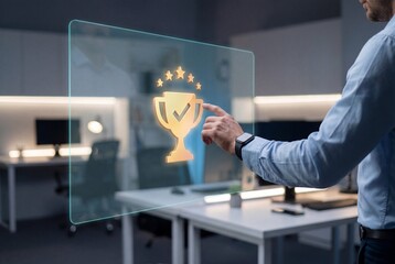 Hand of businessman interacting with golden trophy icon and stars on futuristic virtual interface