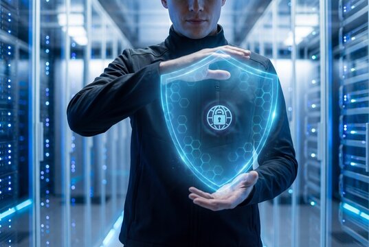 Cybersecurity professional holding a glowing digital shield in a modern server room - Powered by Adobe