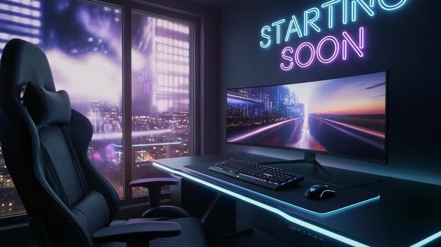 Modern gaming setup with neon lights and city view perfect for streaming and content creation