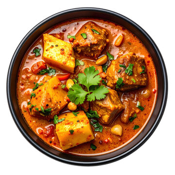 Hearty maafe stew from mali, featuring tender meat in a savory peanut sauce, professionally shot and isolated on a white background