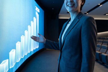 Smiling business woman presenting rising blue graph on large screen showing future growth projections