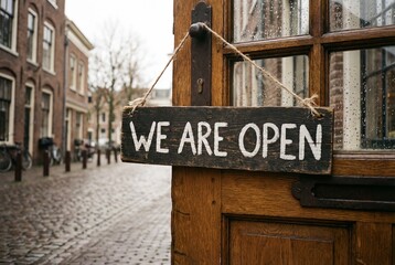 Obraz premium Rustic wooden sign with painted text we are open hanging on a door handle near a city street
