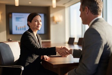 Fototapeta premium Professional businesswoman shaking hands with a male partner during a sunny corporate office meeting