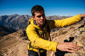 Determined young man in yellow jacket climbing steep rock face in mountains under blue sky