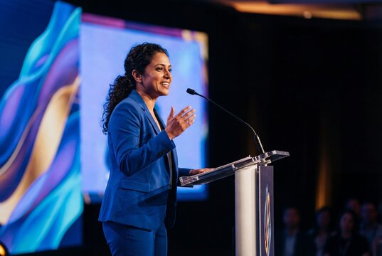 Confident indian woman in blue suit delivering a speech at a conference podium with microphone