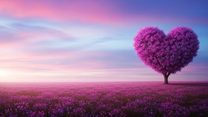 Surreal pink heart shaped tree in a field of flowers at sunset