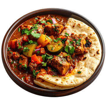 A close-up view of sadza with nyama stew, highlighting the smooth porridge and tender chunks of meat, isolated on a white background