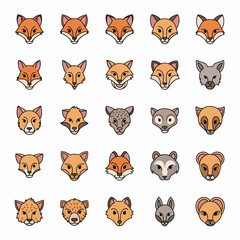 Obraz premium A collection of stylized cartoon animal faces, including foxes, wolves, and other wild creatures, presented in a grid.