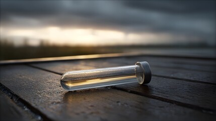 A clear test tube filled with liquid rests on a wet wooden surface under a dramatic overcast sky at golden hour