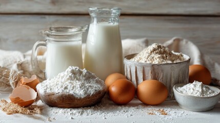 Fototapeta premium baking ingredients like milk, eggs, and flour 