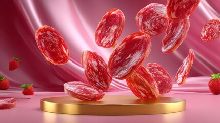 Salami Slices, Strawberries, Food Photography, Pink