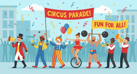 Circus Performer Parade A flat vector illustration of multiple circus performers walking together in a parade. Colorful costumes, banners, and confetti. Flat vector style, festive and lively scene. © WealthyMinion