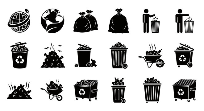 Set of black and white icons representing various types of trash bins and waste disposal methods.